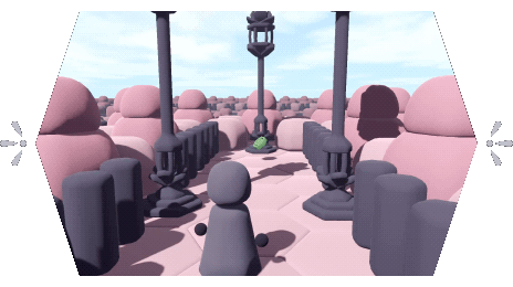 a game screenshot where the protagonist stands in front of a human statue holding a glowing sphere