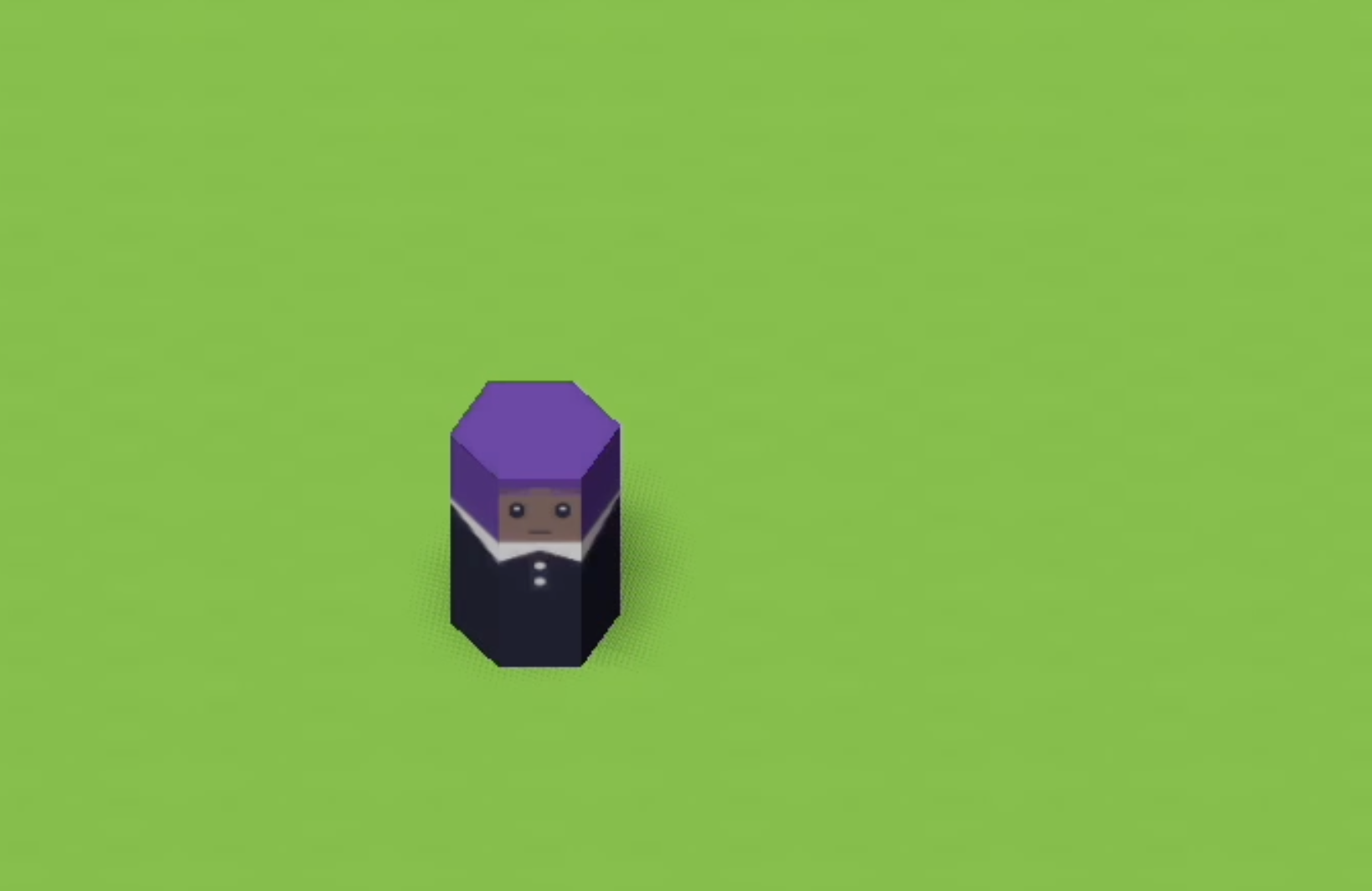 A geometric little sprite with purple hair