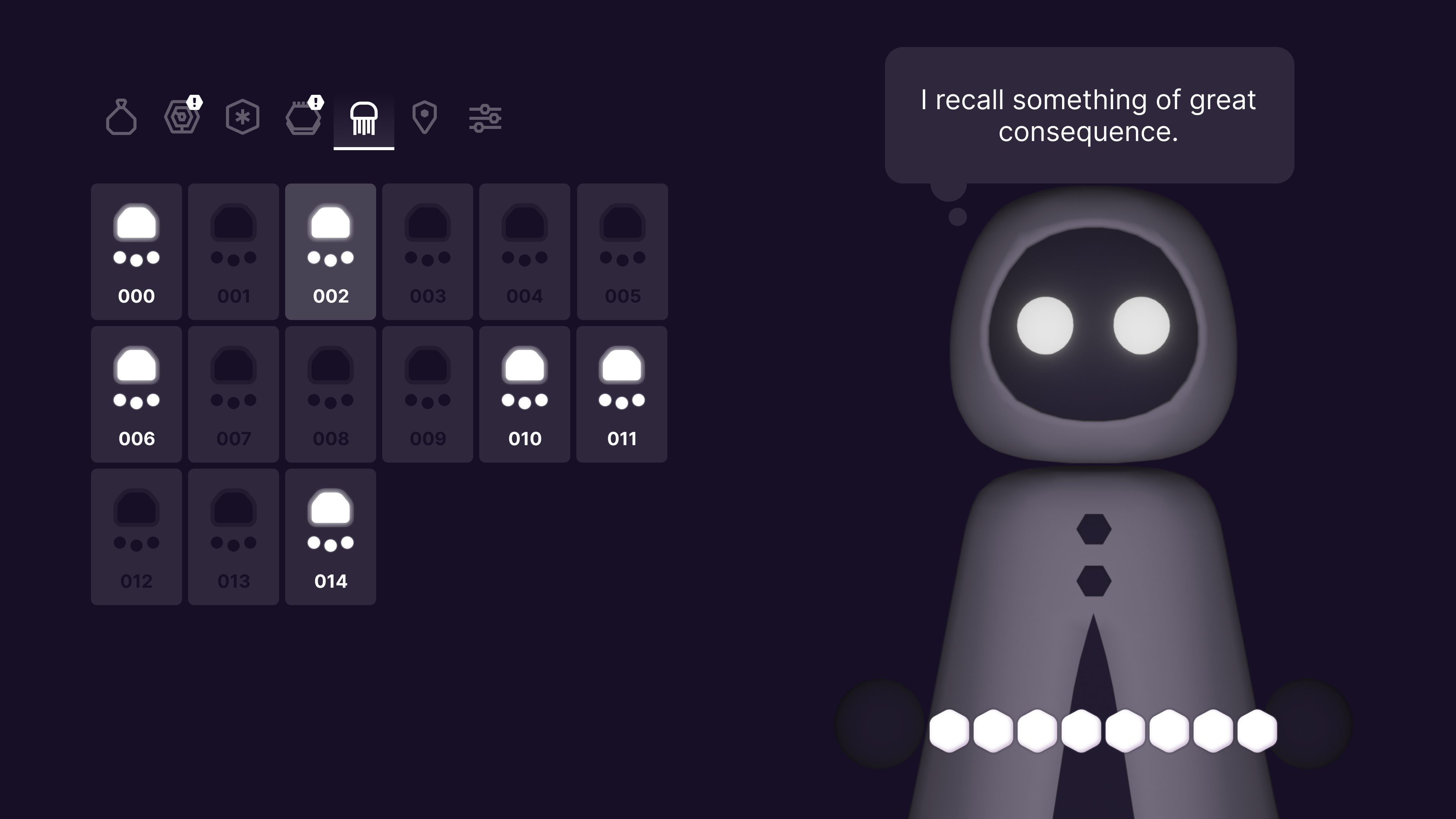 An inventory user interface with a grid of memories – the highlighted one rendering the memory as text in a throught bubble above Em's head