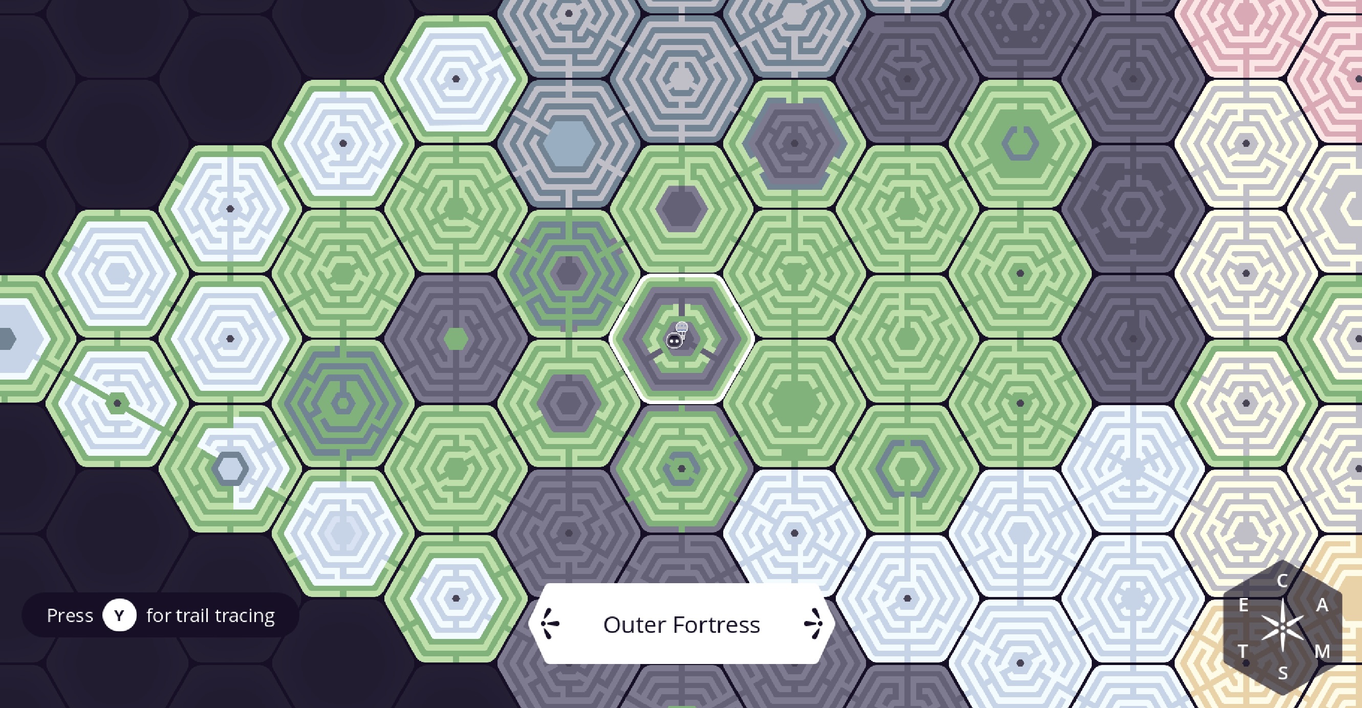 An image of the Found map, a grid of hexagons