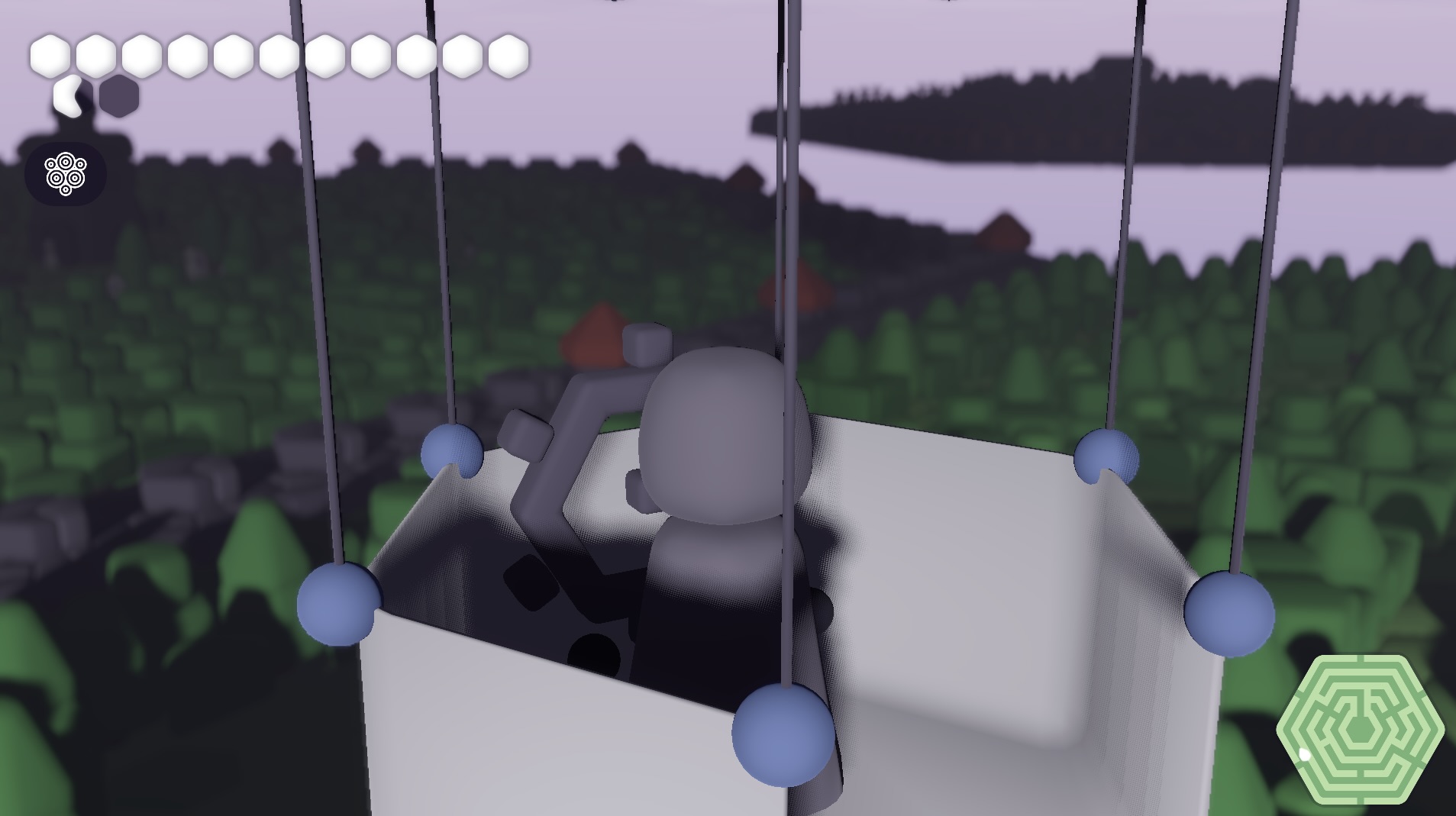 A character riding in a hot air balloon, high above the world