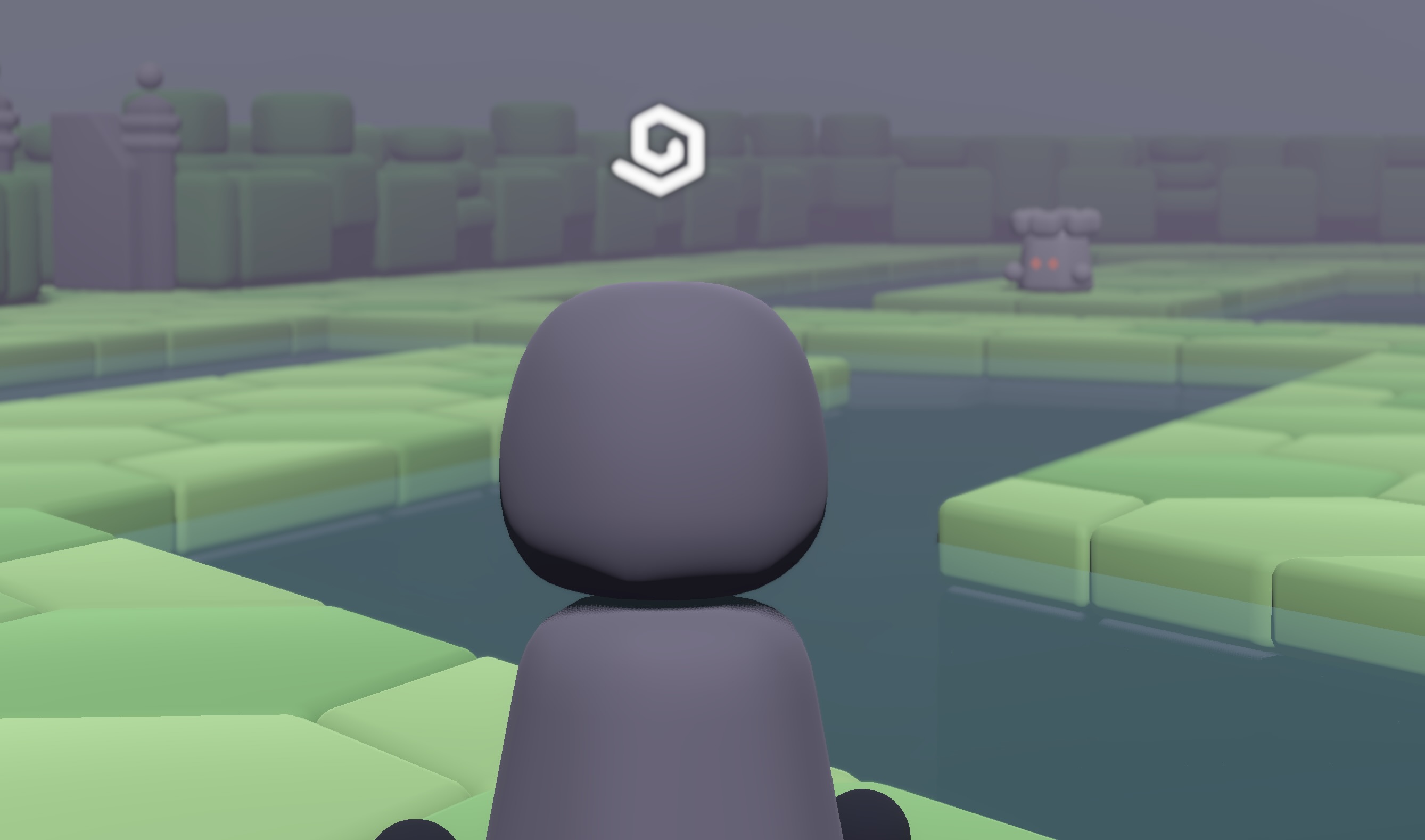 A screenshot where the protagonist stands on land surrounded by canals. An enemy watches from the distance.