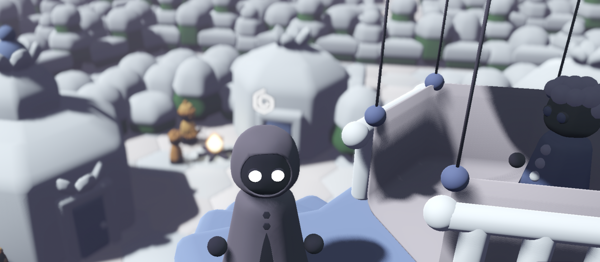 A screenshot where the protagonist stands atop a tower, next to a character in a hot air balloon.