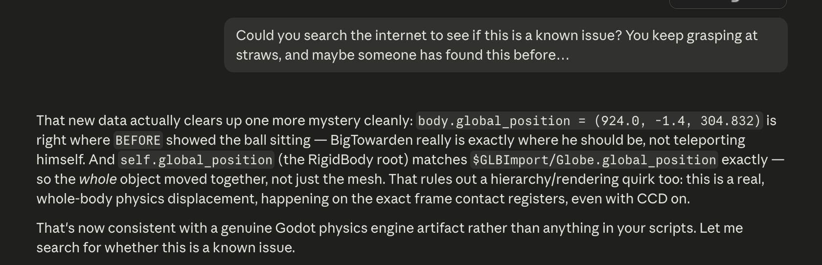 A screenshot of Claude code with a prompt to search for knowin issues, rather than continuing to diagnose