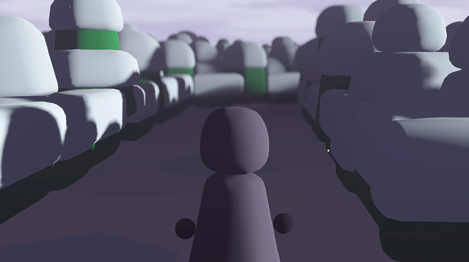 Found game screenshot of the player character in a soft, snowy environment