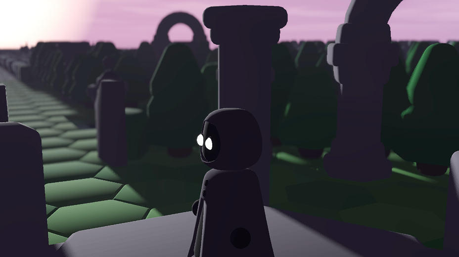 Found game screenshot of the player character in some ruins at sunrise