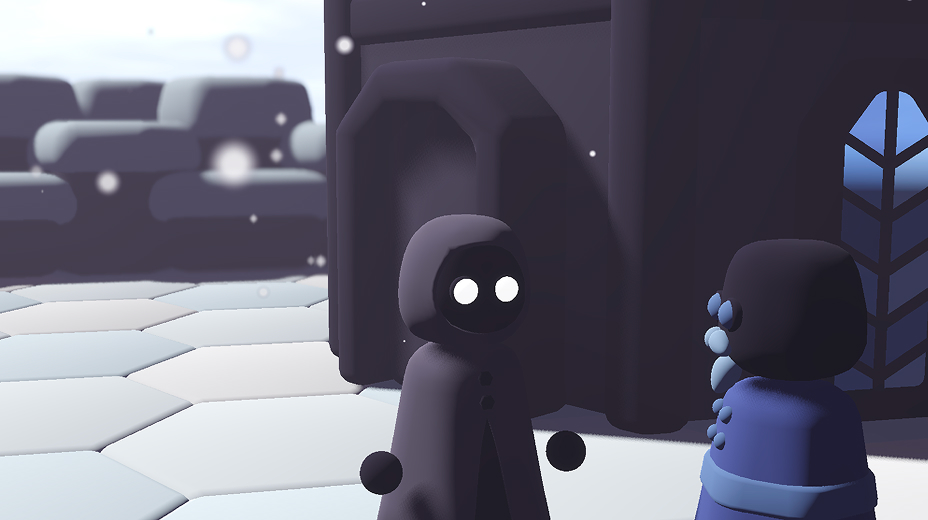 A screenshot of the player character and a mustached man in blue