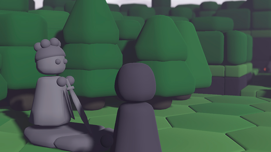 A screenshot of the player character and a statue holding a sword