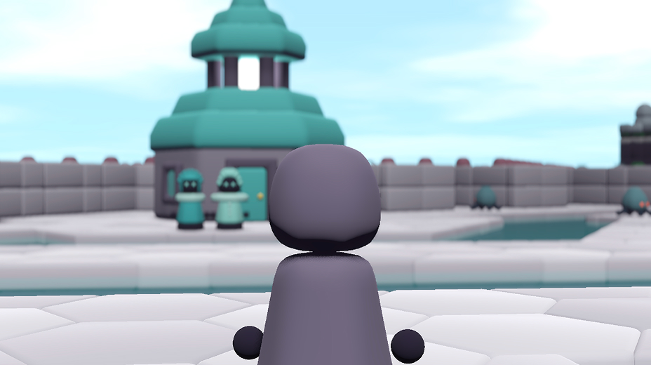 A screenshot of the player character and a lighthouse with two figures standing in front of it