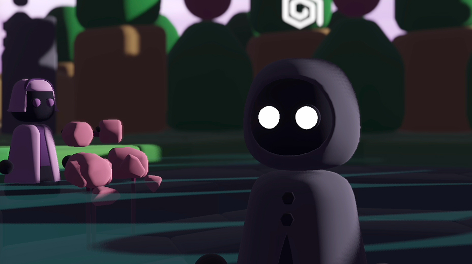 A screenshot of the player character in a pool with another character and some flamingos