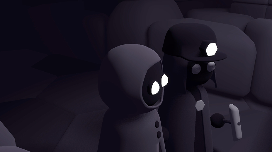 A screenshot of the player character and a miner in a cave