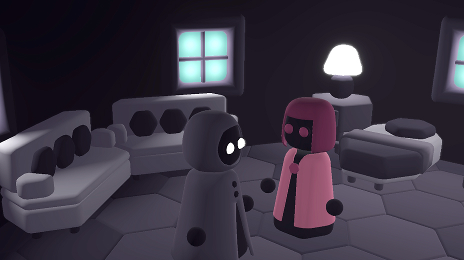 A screenshot of the player character and a woman dressed in pink