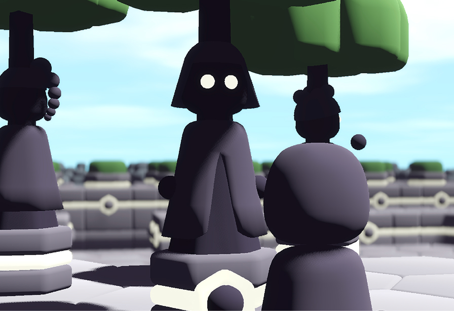 a game screenshot where the protagonist stands in front of a human statue holding a glowing sphere